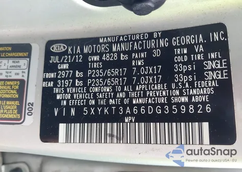 2013 Kia Sorento Lx z USA, uszkodzony, nr VIN 5XYKT3A66DG359826